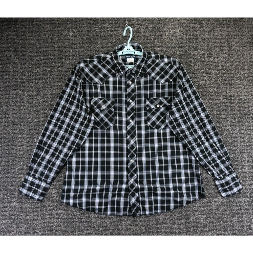Wrangler Shirt Mens XL Black Plaid Long Sleeve Western Pearl Snap Cowboy Rodeo